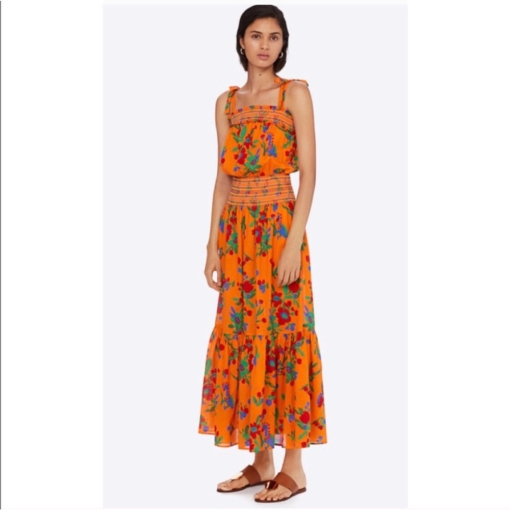 TORY BURCH toucan tropical smocked floral orange dress maxi size XS